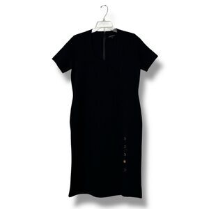 St. John Ribbed Short Sleeve Sweater Dress Women’s Large Black Knit Square Neck